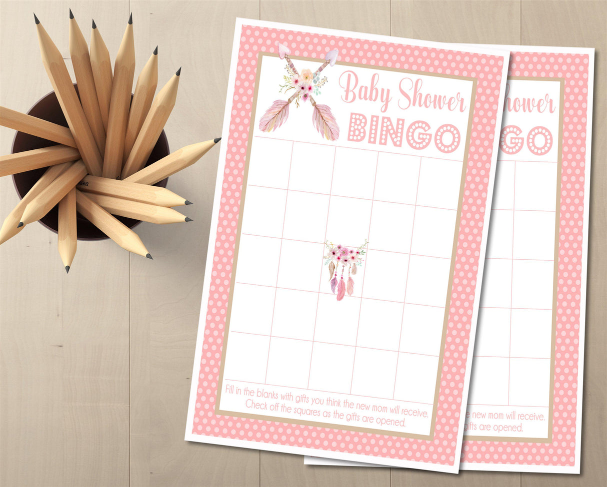Pink tribal baby shower bingo game