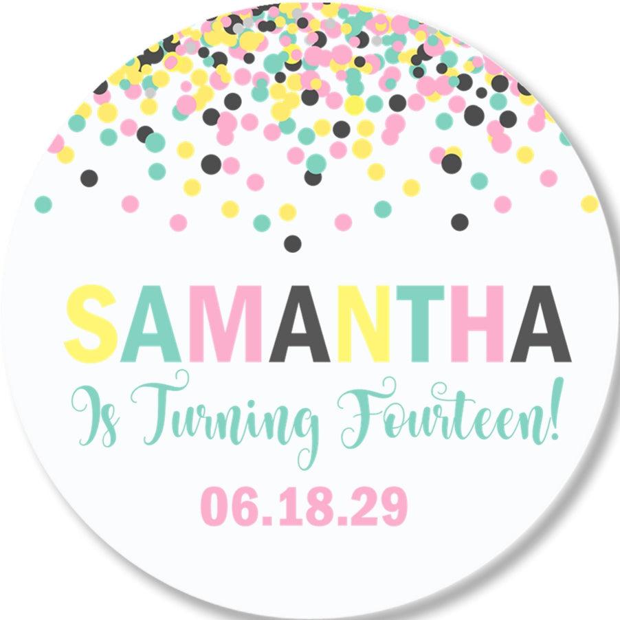 Pink yellow teal confetti favor label for birthday party