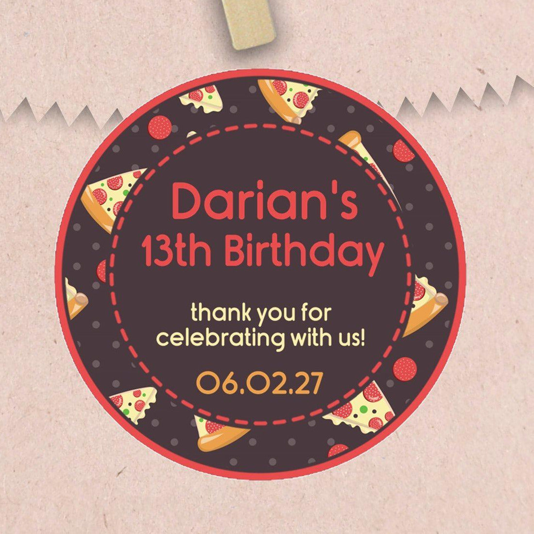 Pizza birthday sticker with personalized name and date