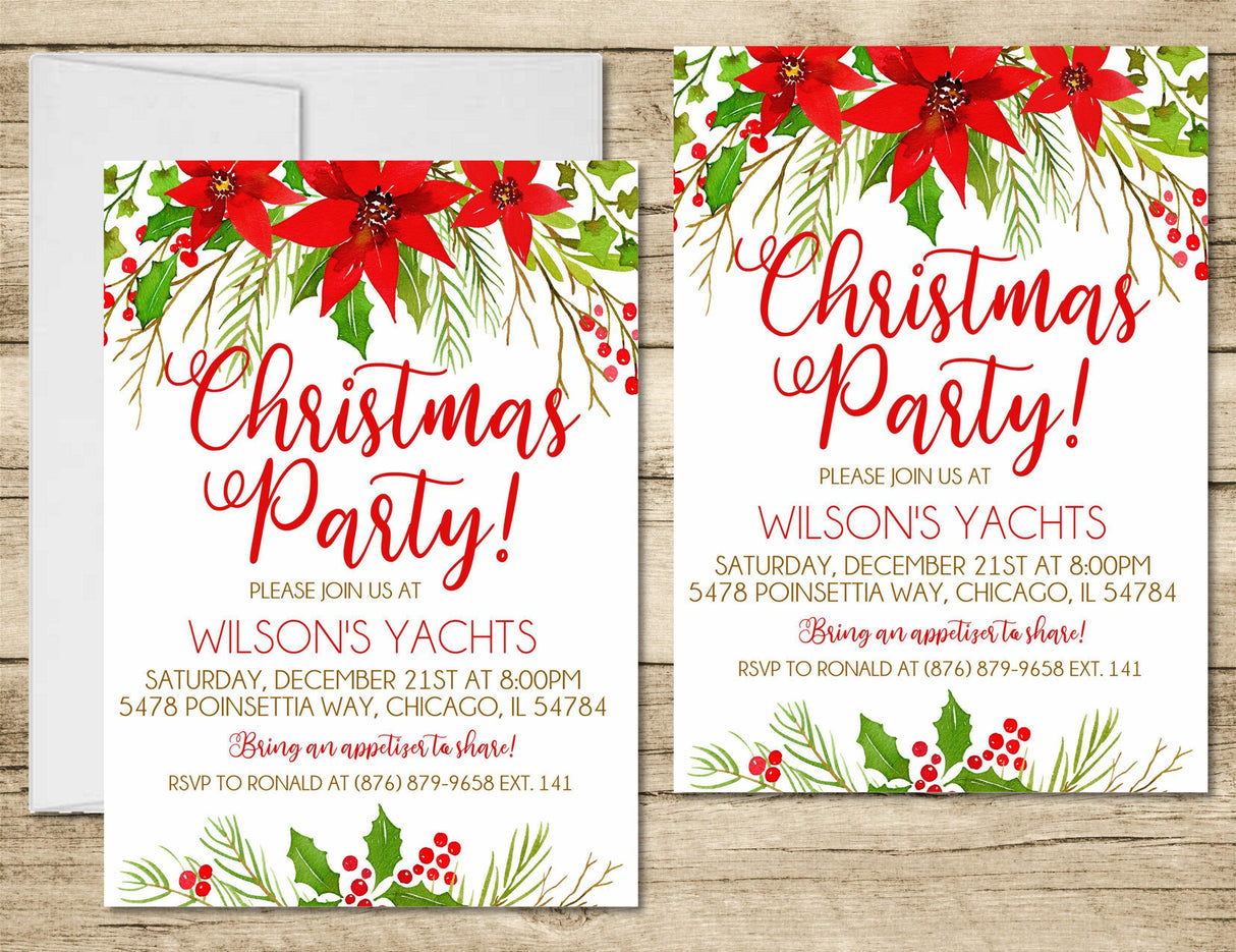 Poinsettia Christmas Or Holiday Party Invitations