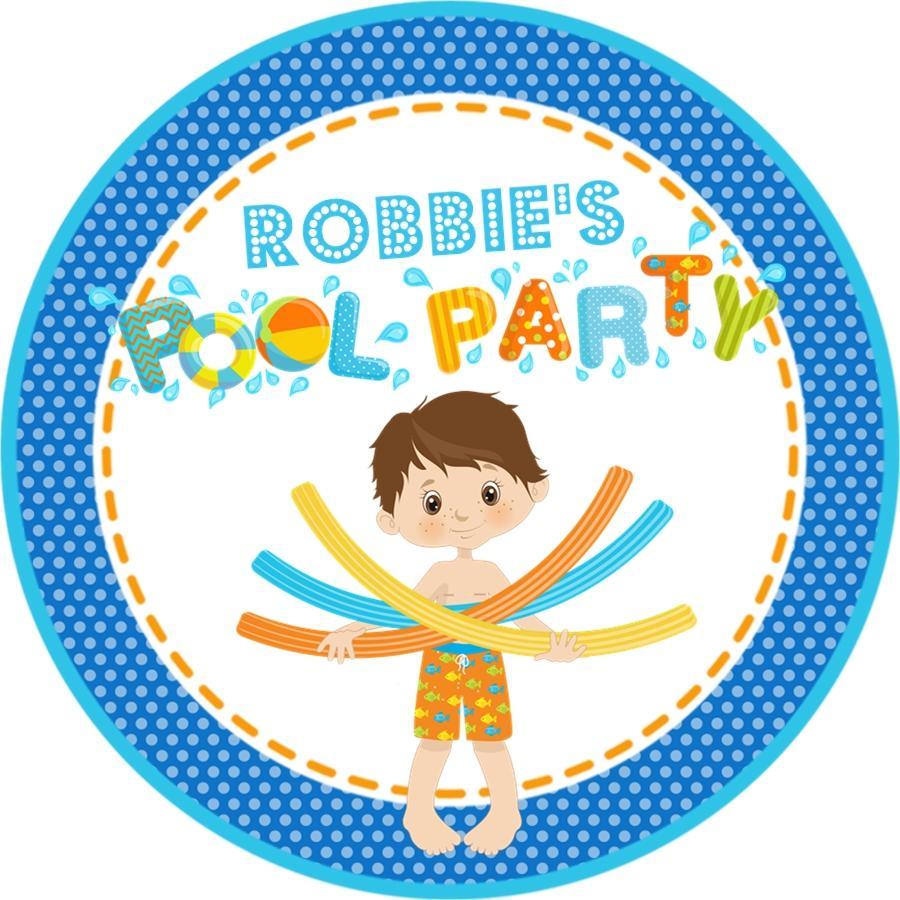 Pool party birthday sticker with boy holding colorful pool noodles