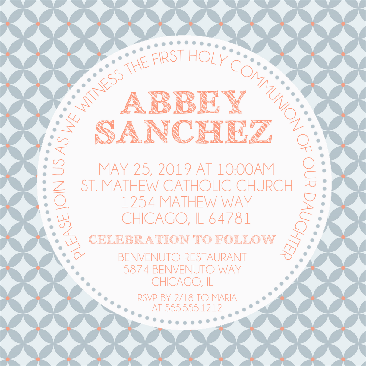 Power Blue And Peach First Communion Invitations