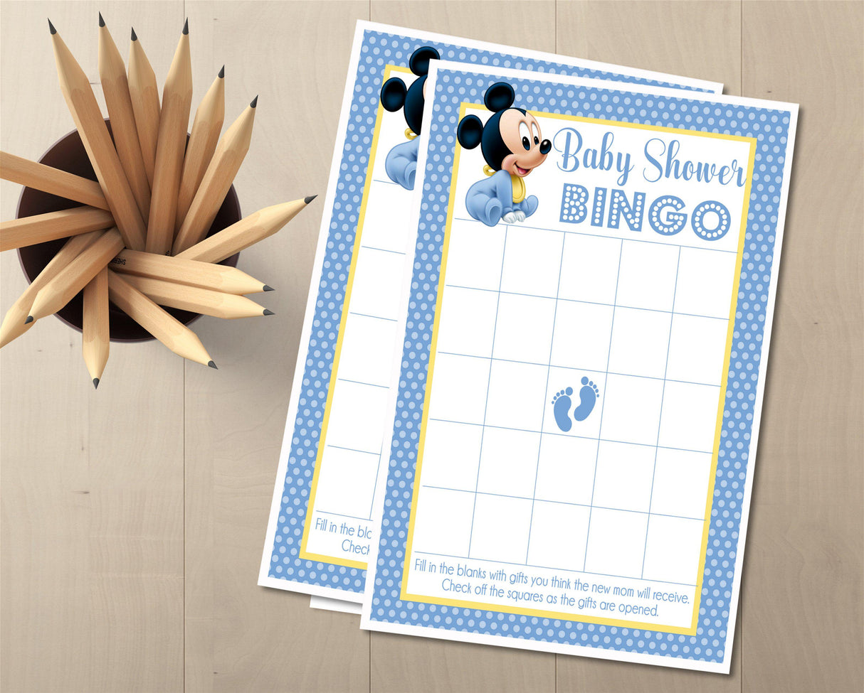 Printable Mickey baby shower bingo cards formatted two per page at 5x7 size
