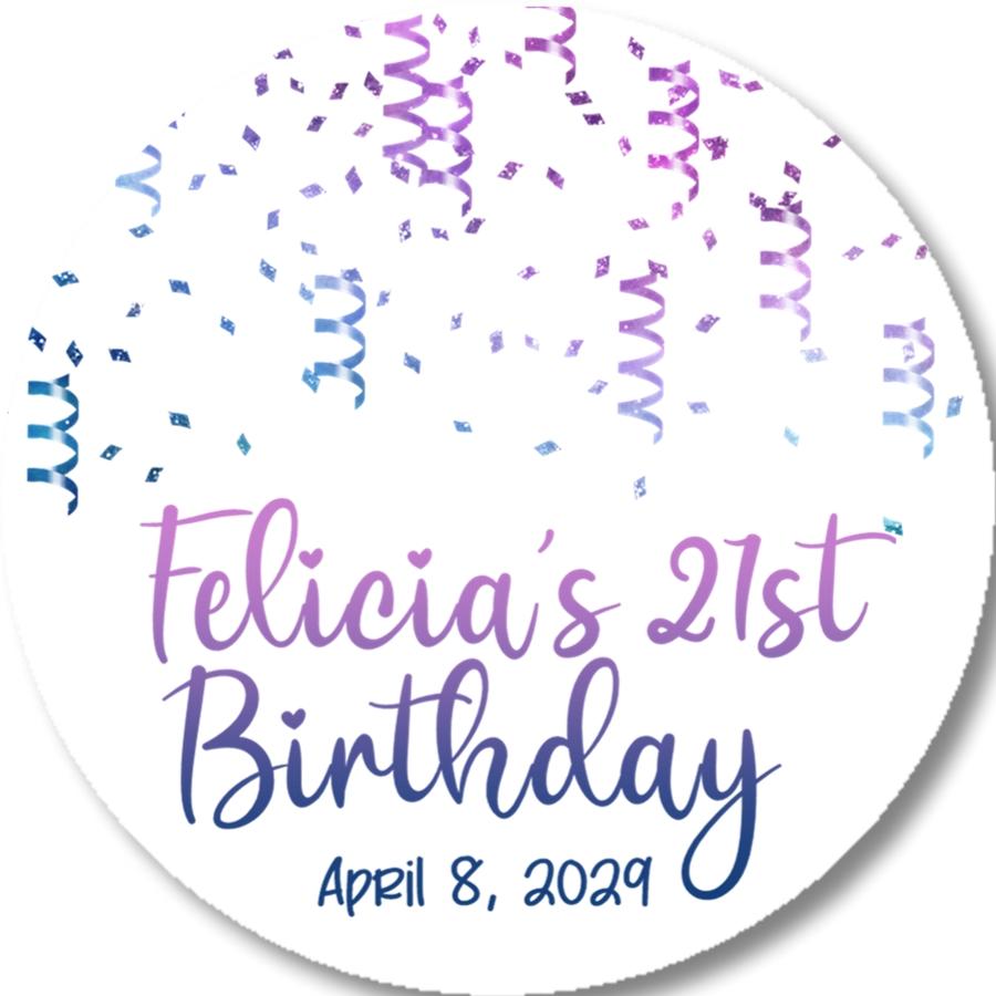 Purple and blue confetti birthday sticker with name