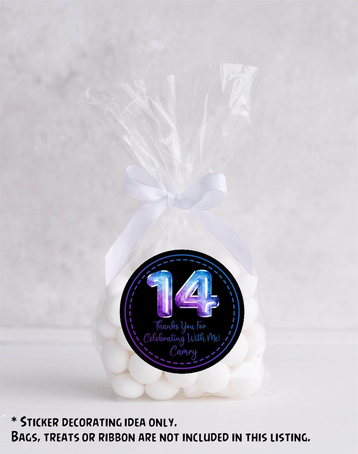 Purple and blue cosmic party favor label