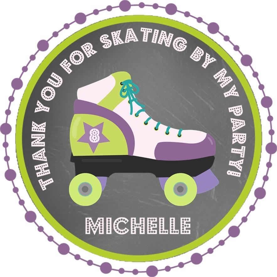 Purple and lime roller skate birthday sticker with personalized name
