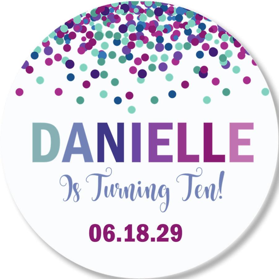 Purple and turquoise confetti party favor label