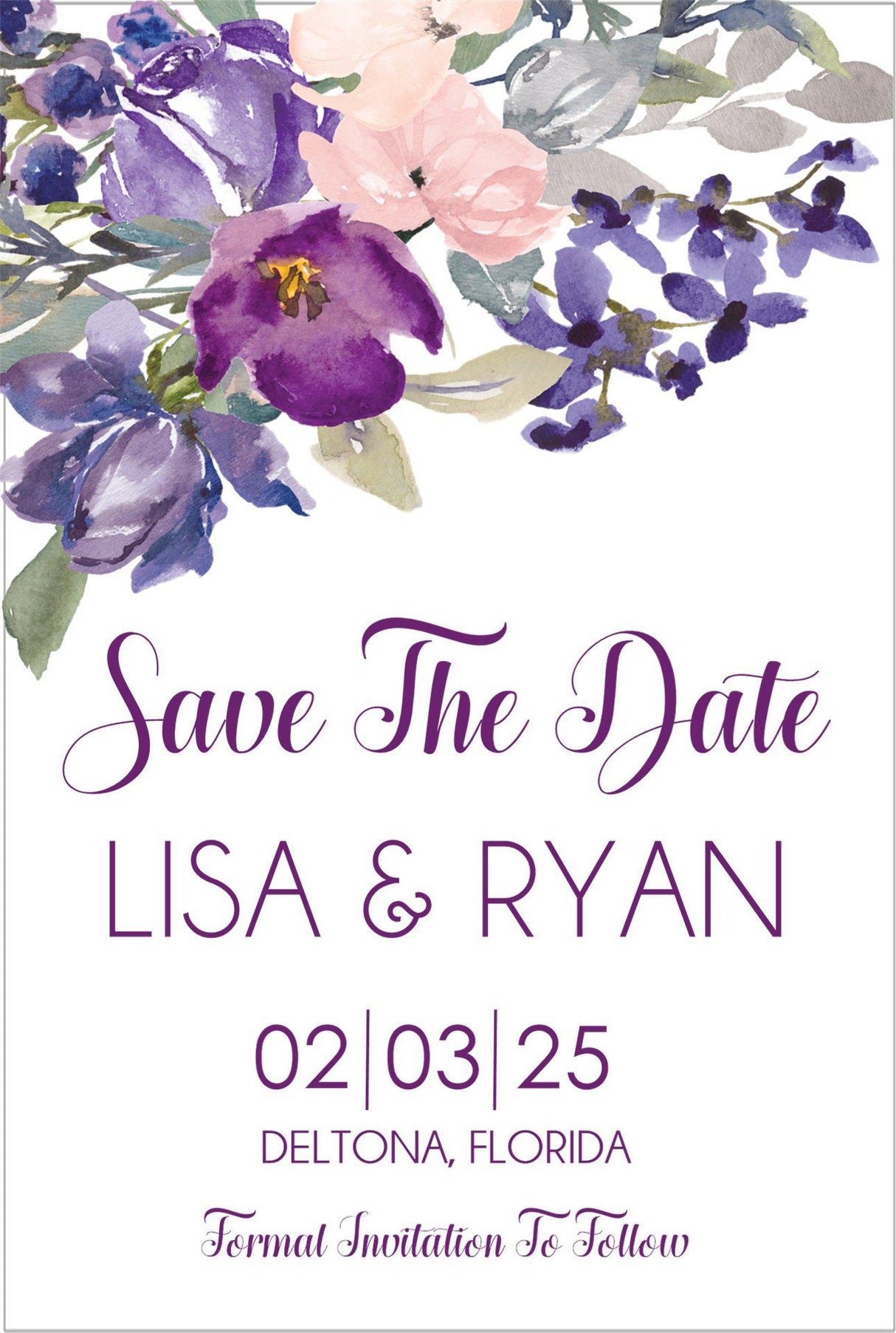 Purple garden wedding save the date cards botanical floral theme