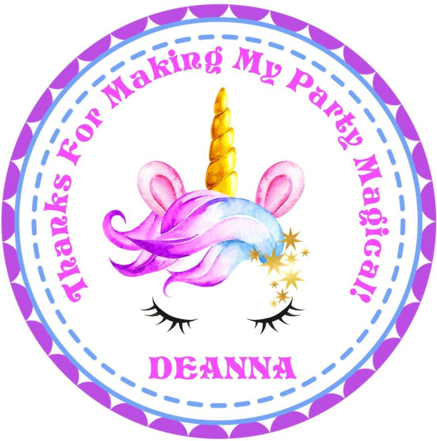 Purple magical unicorn birthday sticker with personalized name