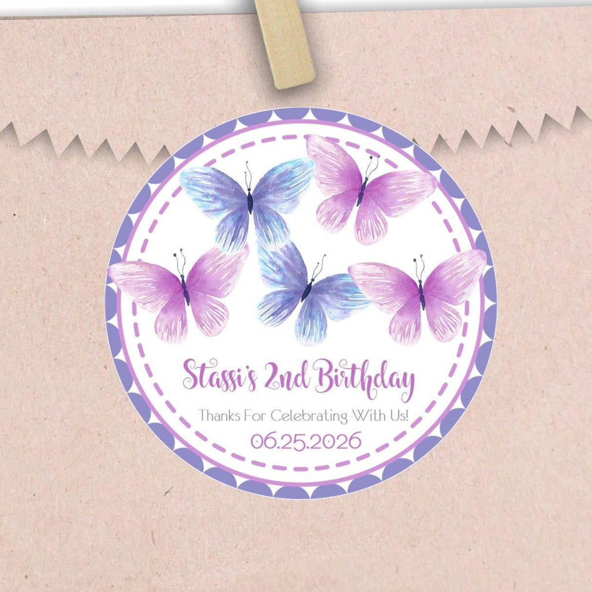 Purple watercolor butterflies on birthday sticker design