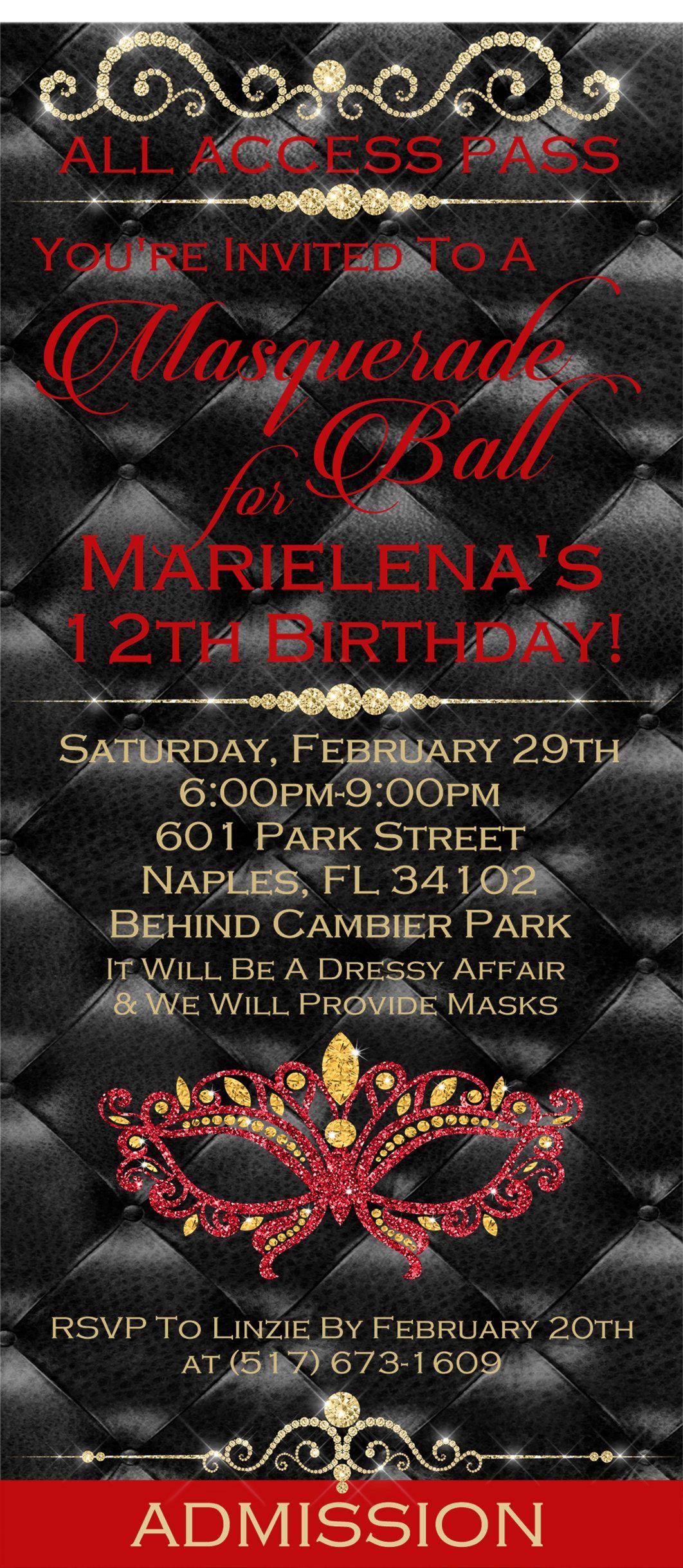 Red Masquerade Ball Birthday Party Ticket Invitations