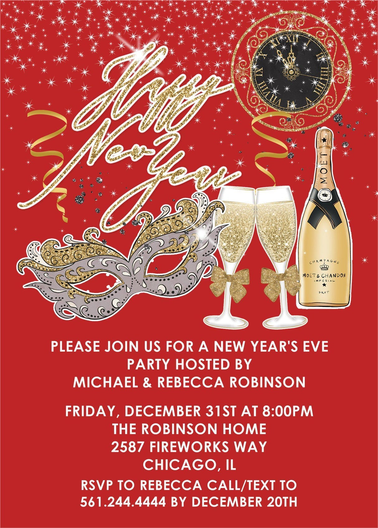 Red, Silver And Gold New Years Eve Party Invitations