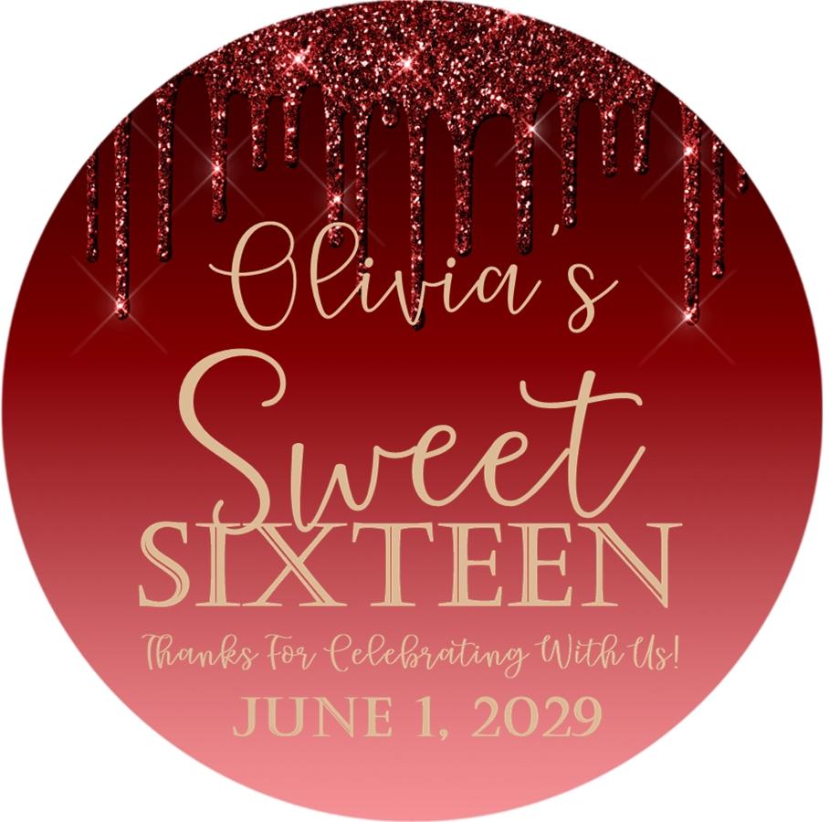 Red Sweet Sixteen birthday sticker with personalized name