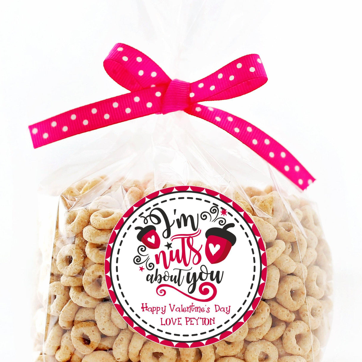 Red Valentine treat bag sticker with custom name