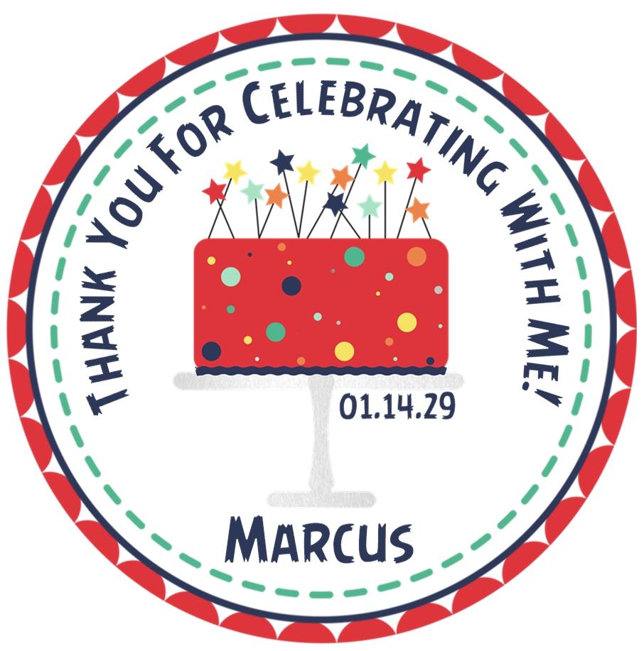 Red and blue birthday cake sticker with colorful stars