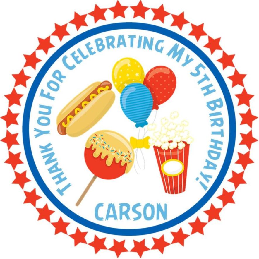 Red and blue carnival themed favor label for party bags