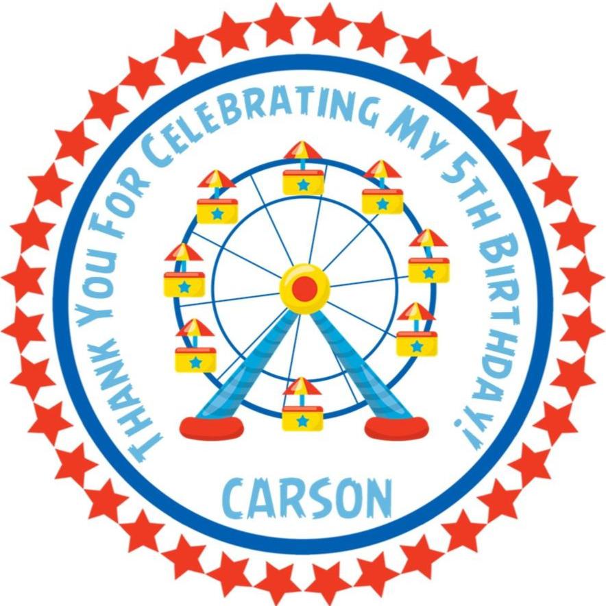 Red and blue carnival themed ferris wheel favor label