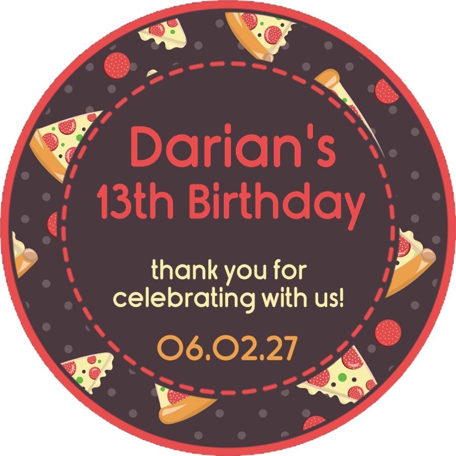 Red and brown pizza slice party favor label