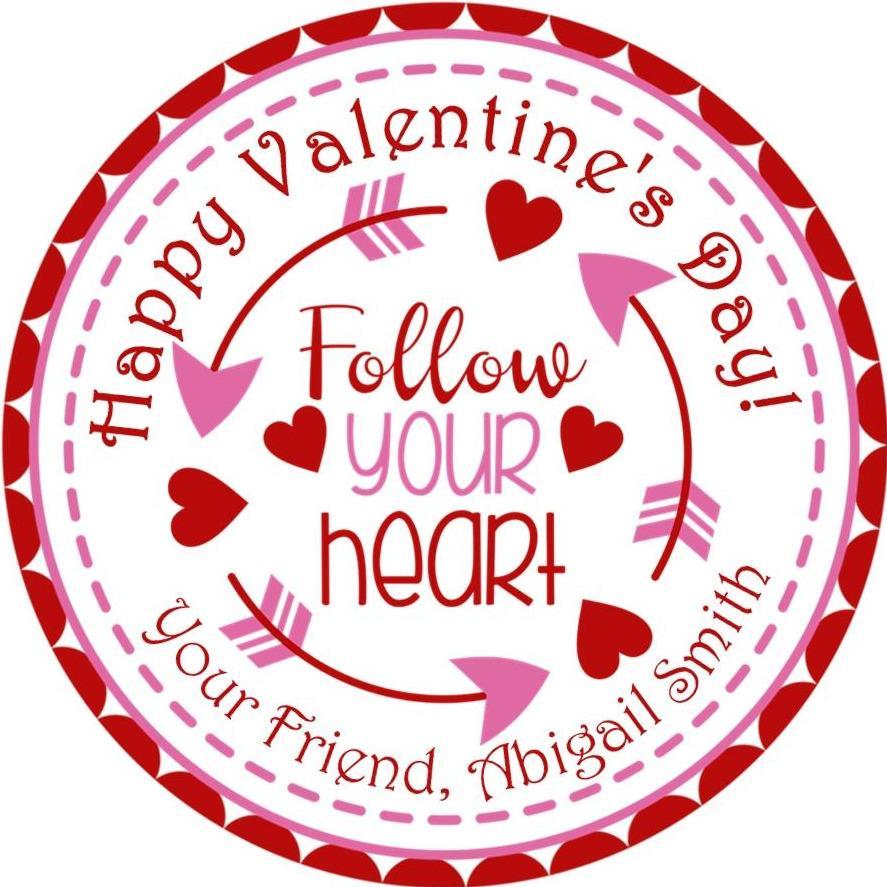 Red and pink Follow Your Heart Valentine sticker with arrow accents