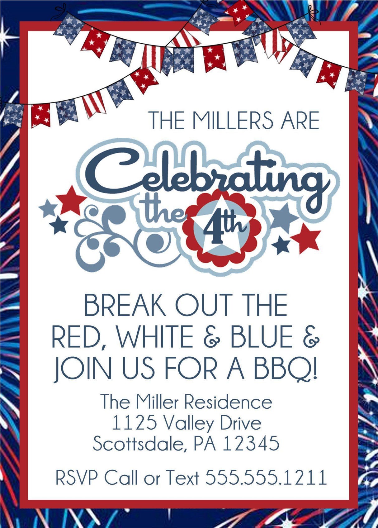 Red white and blue celebrating the 4th BBQ invitation