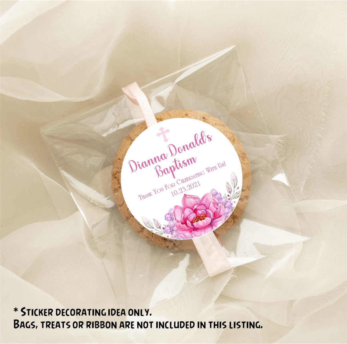 Religious pink floral baptism sticker for favors