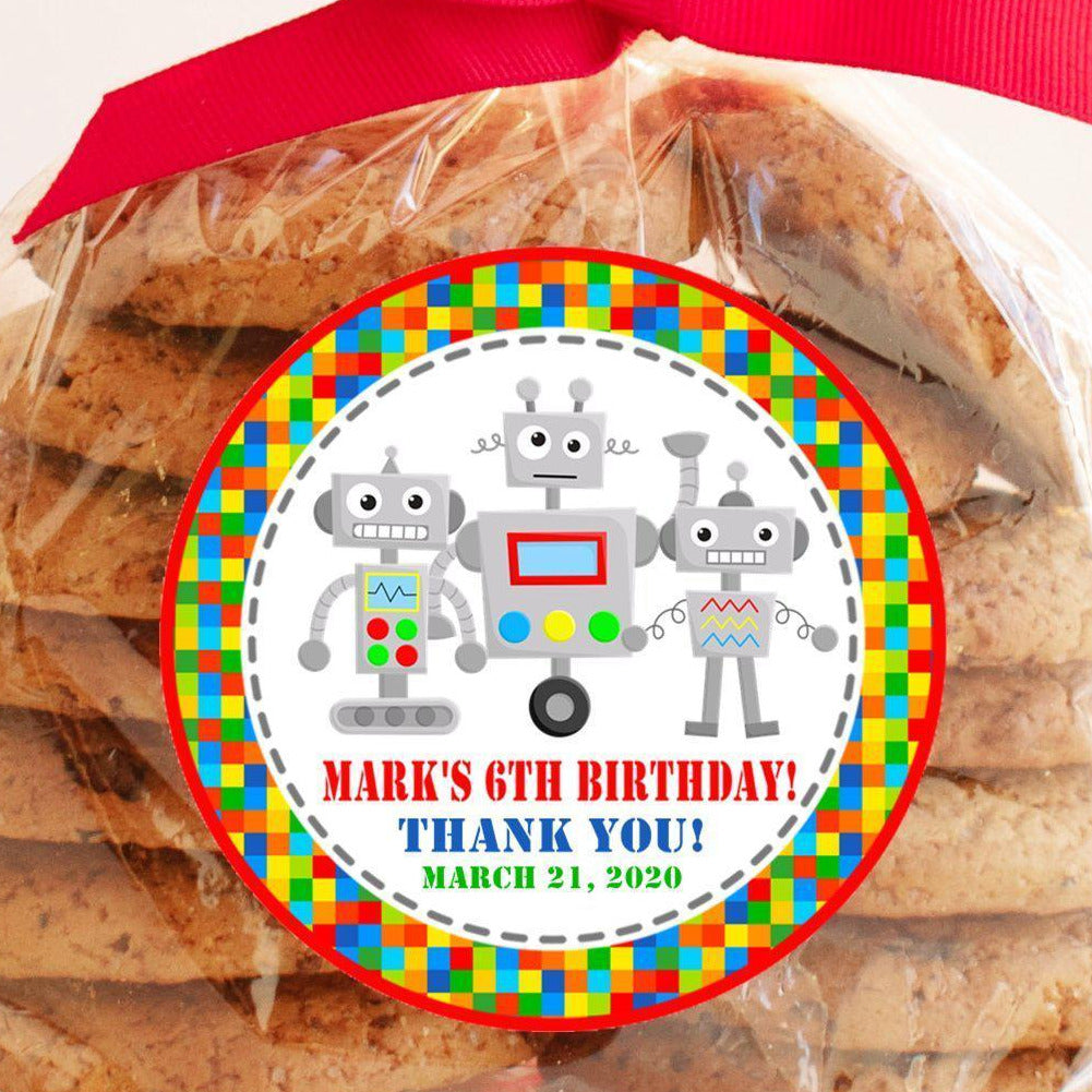 Robot party favor label with multicolor pixel border