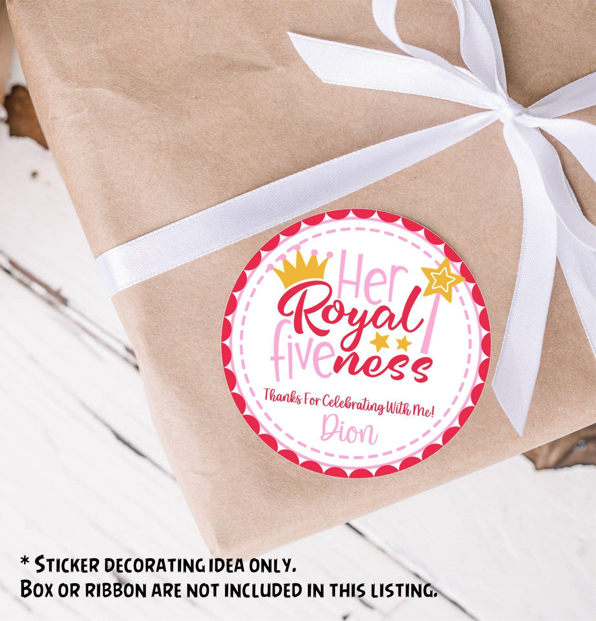 Royal 5th birthday party sticker in pink and red