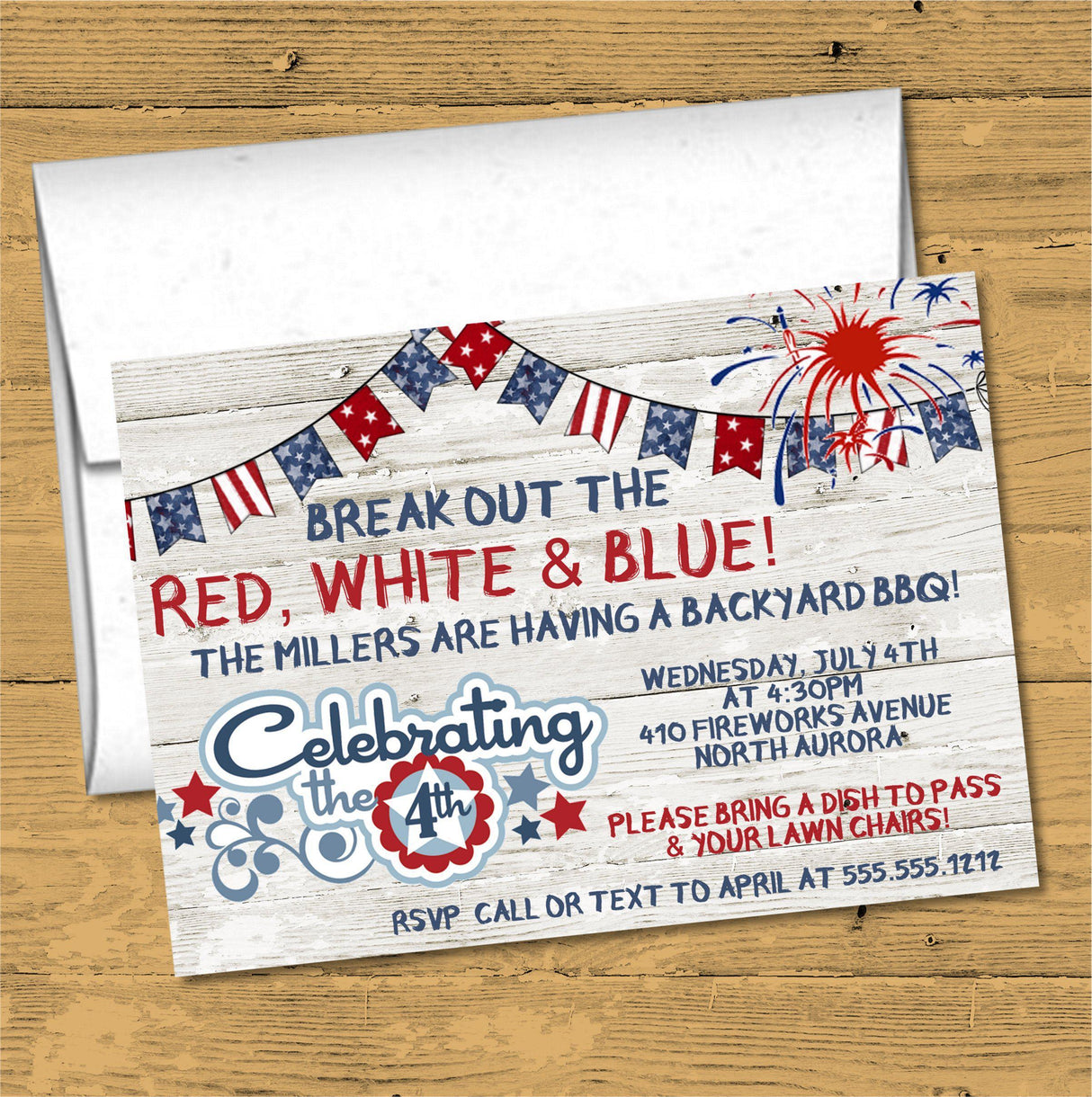 Rustic wood Independence Day party invitation