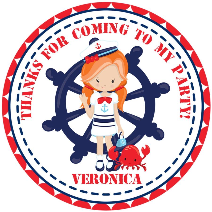 Sailor girl birthday sticker with crab illustration