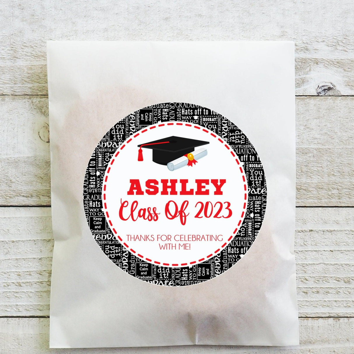 Sheet of red and black graduation stickers – word-pattern background