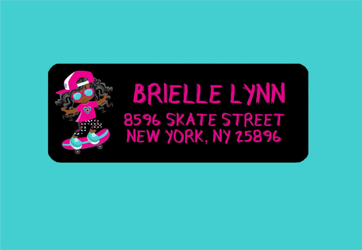 Skateboard address labels for girls with skater illustration and bold lettering