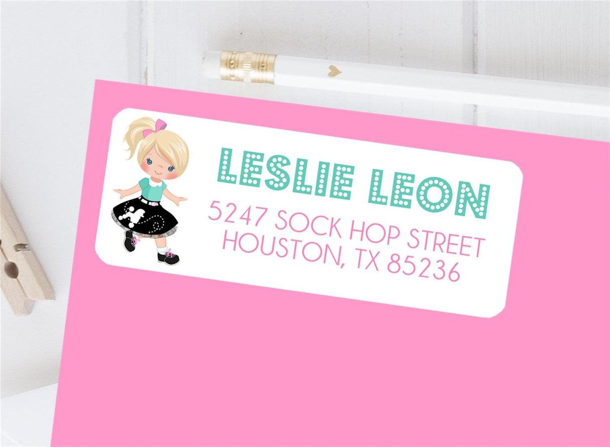 Sock hop themed personalized address labels for girls