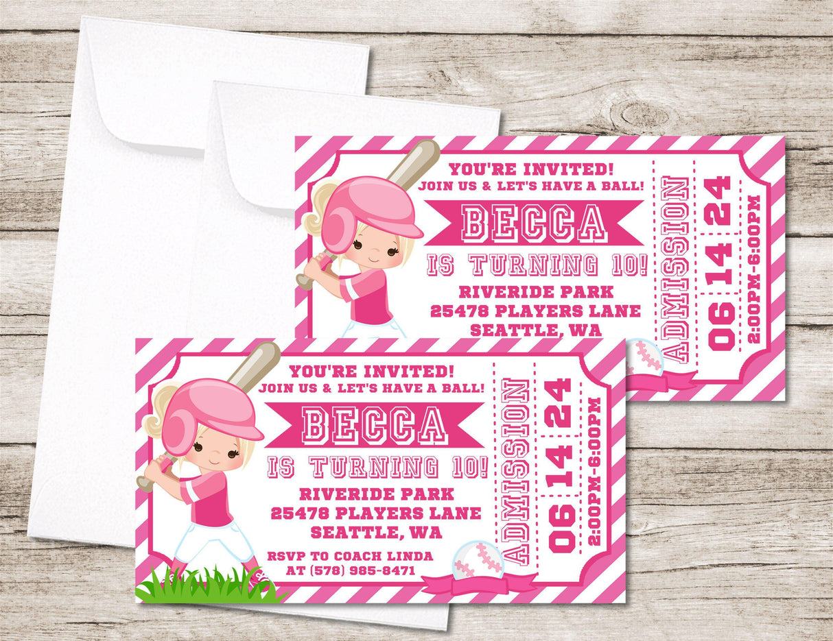 Softball Birthday Party Ticket Invitations