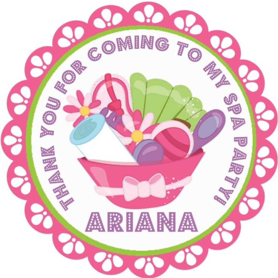 Spa party favor label with pink and purple spa items