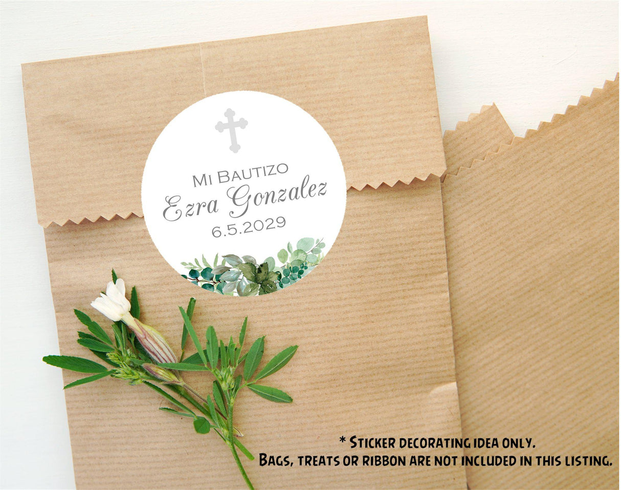 Spanish baptism sticker with eucalyptus design
