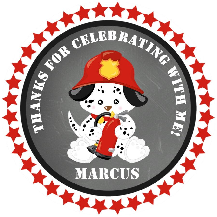 Spotted puppy fire truck party favor label