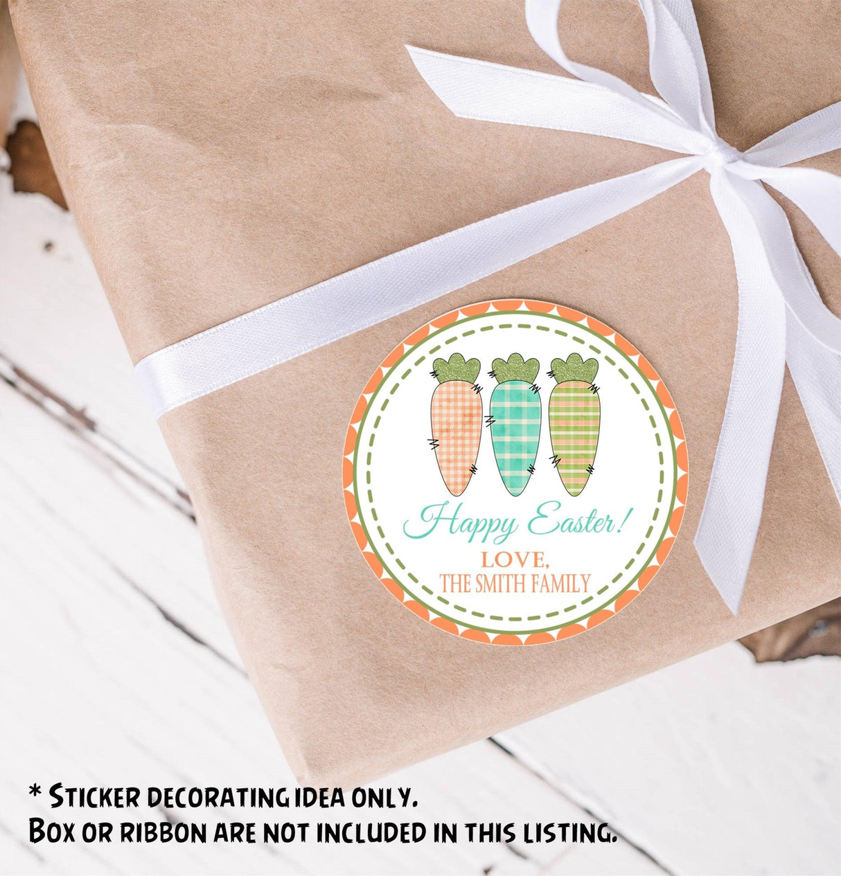 Spring Easter favor sticker with pastel carrots and green dotted ring