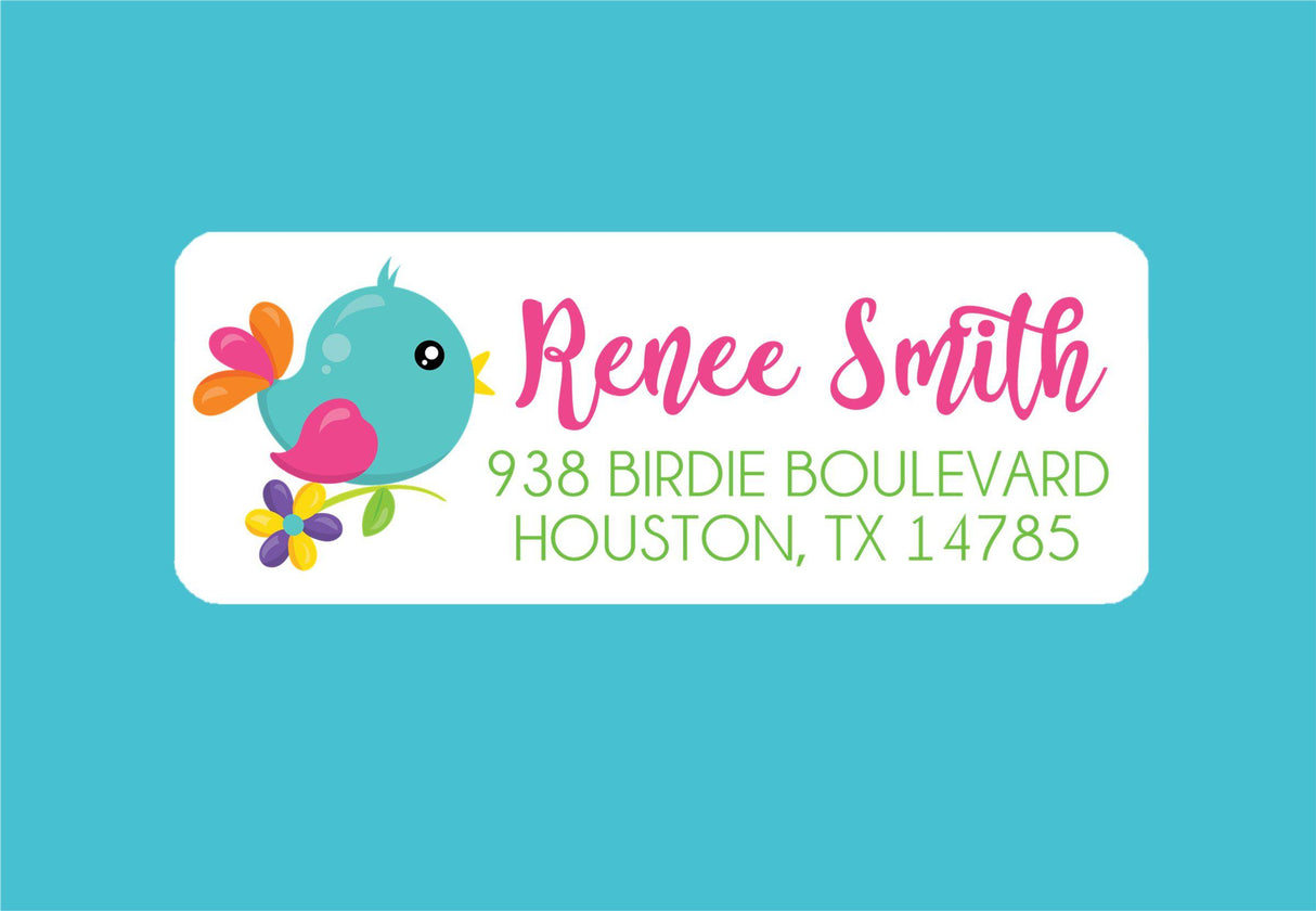 Spring bird address labels with colorful bird and flowers