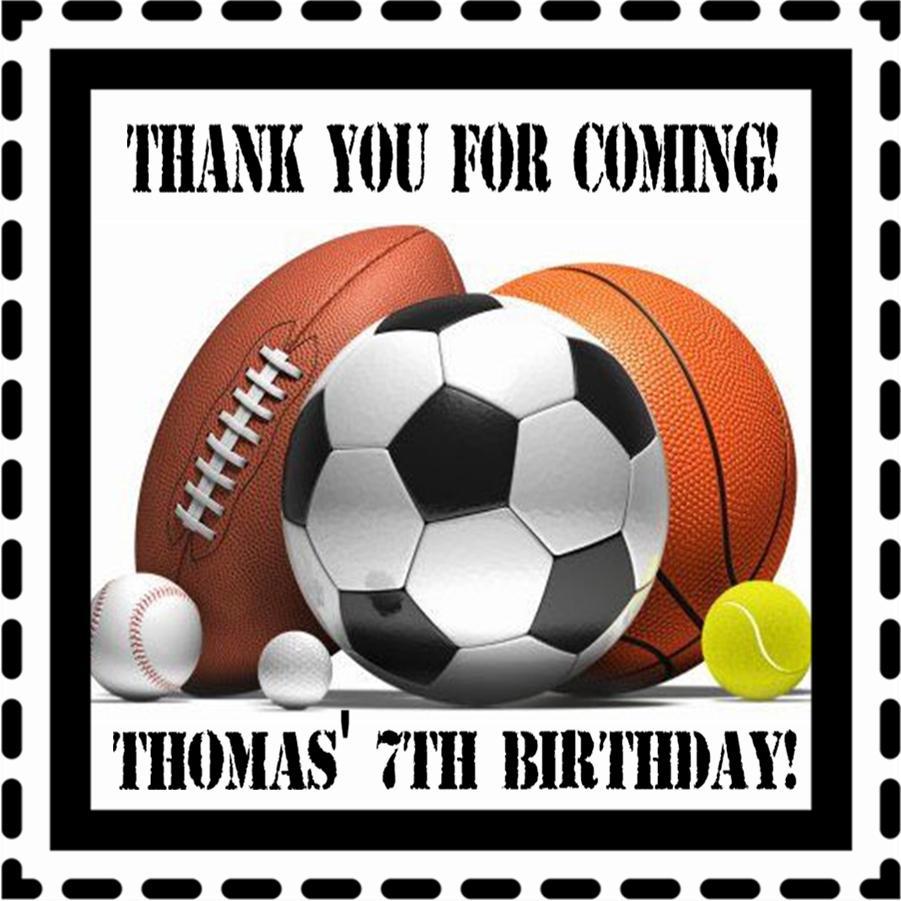 Square sports birthday sticker with soccer, basketball, baseball, football, and tennis balls