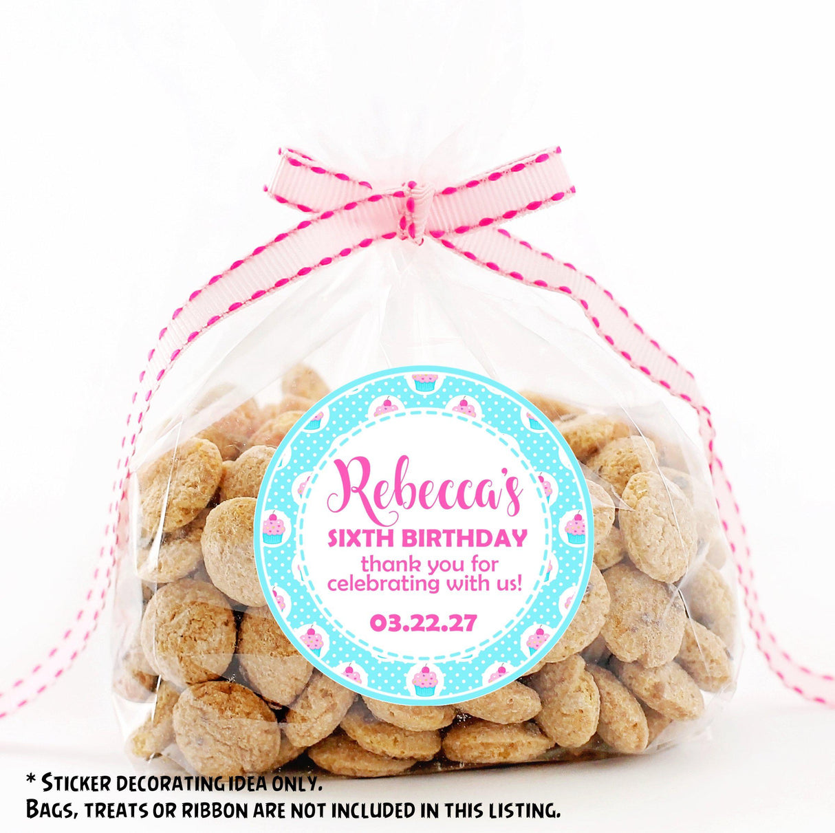 Stitched border aqua cupcake treat sticker for girls