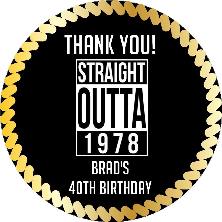 Straight Outta themed birthday favor label