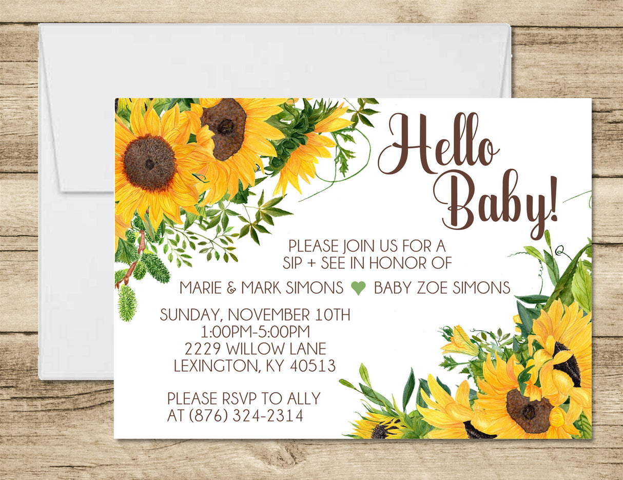 Sunflower Hello Baby sip and see invitation personalized for baby celebration
