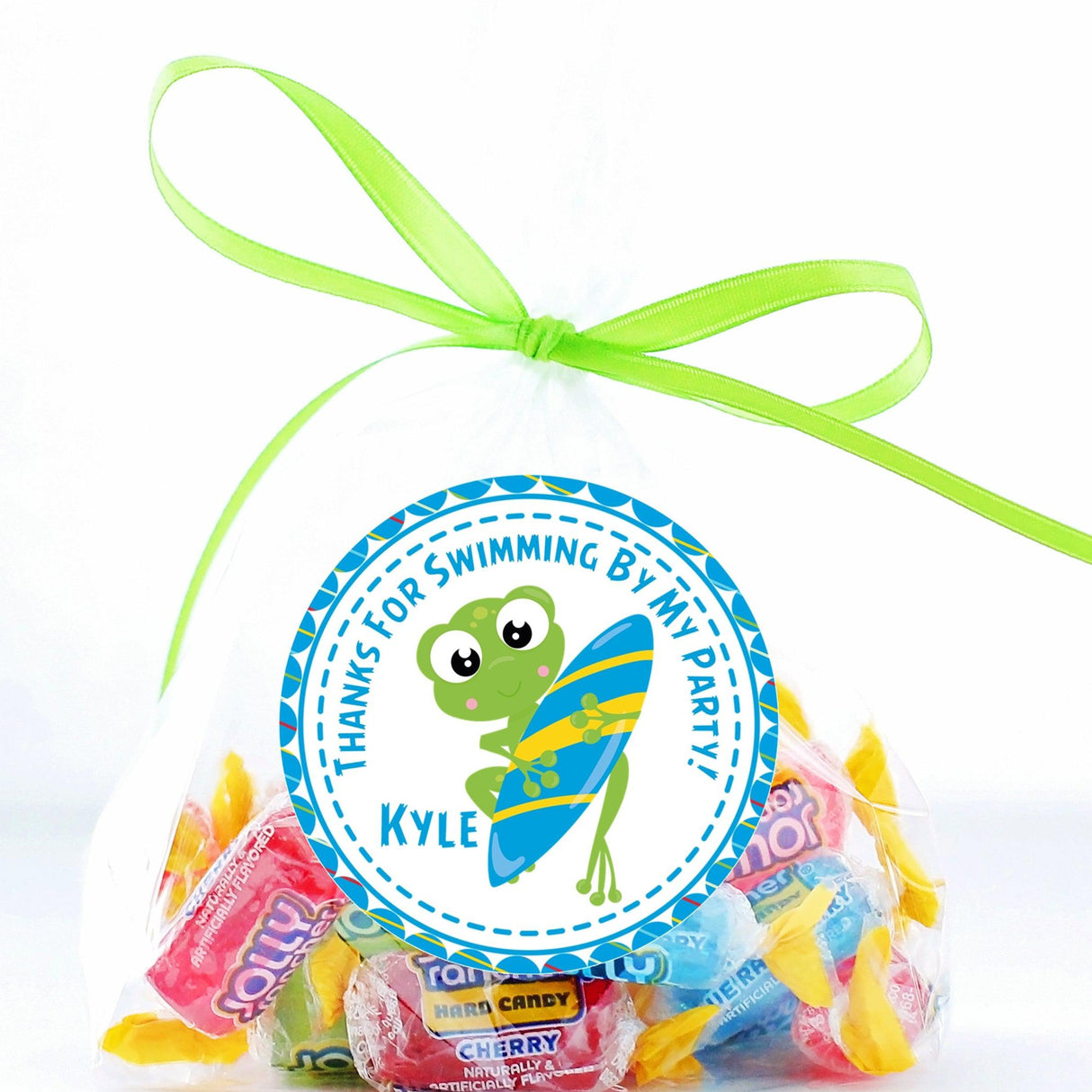 Surf theme frog party label with bright tropical colors