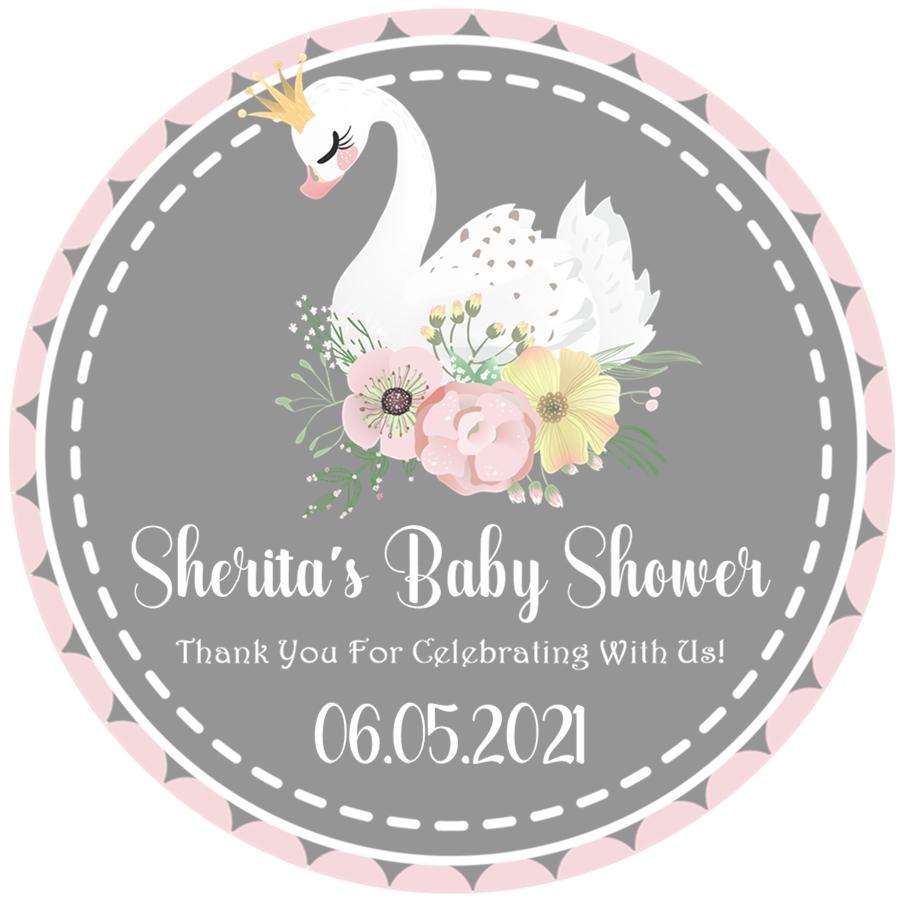Swan princess baby shower sticker with pink flowers