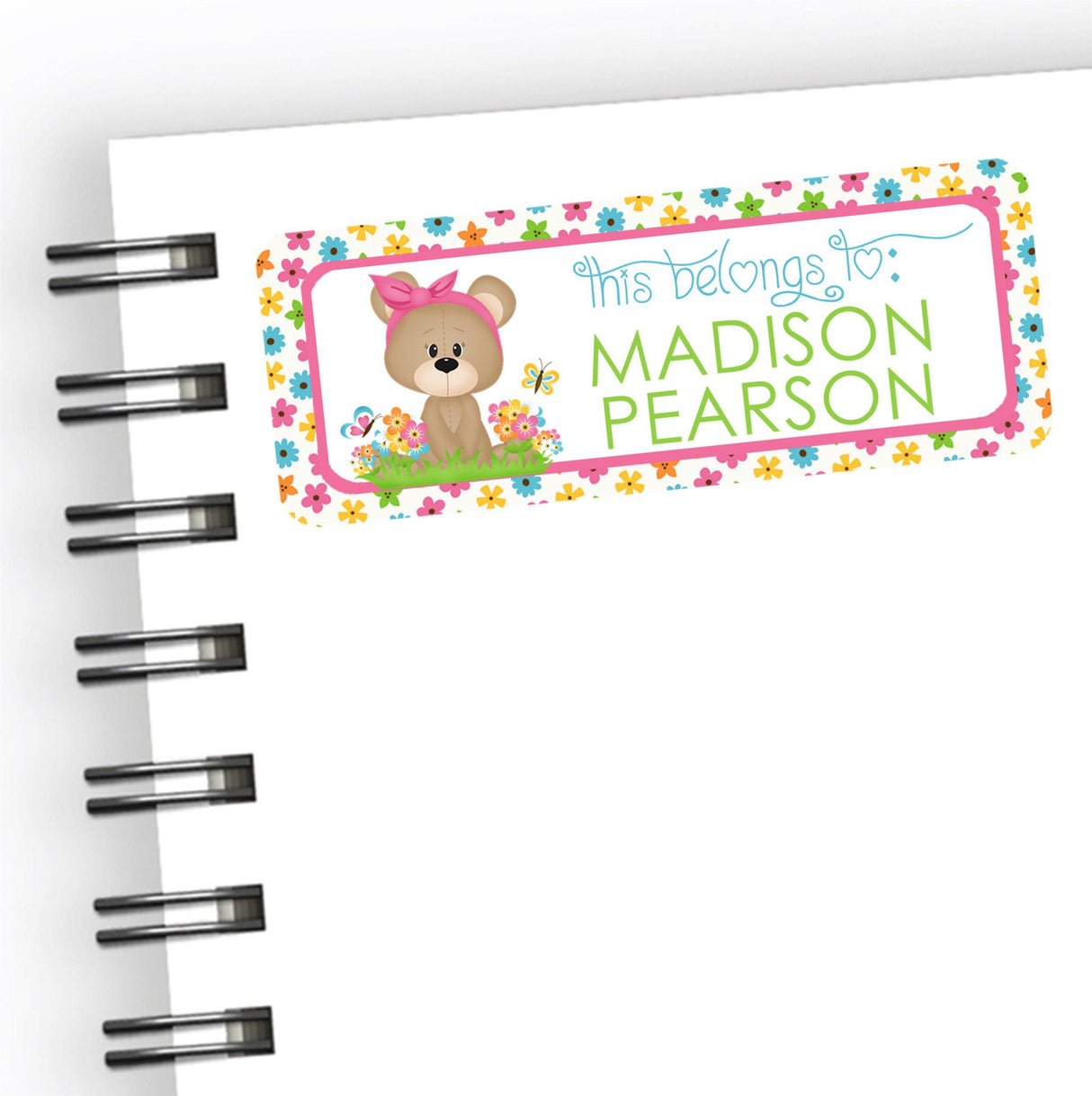 Teddy bear back to school name label with floral garden design