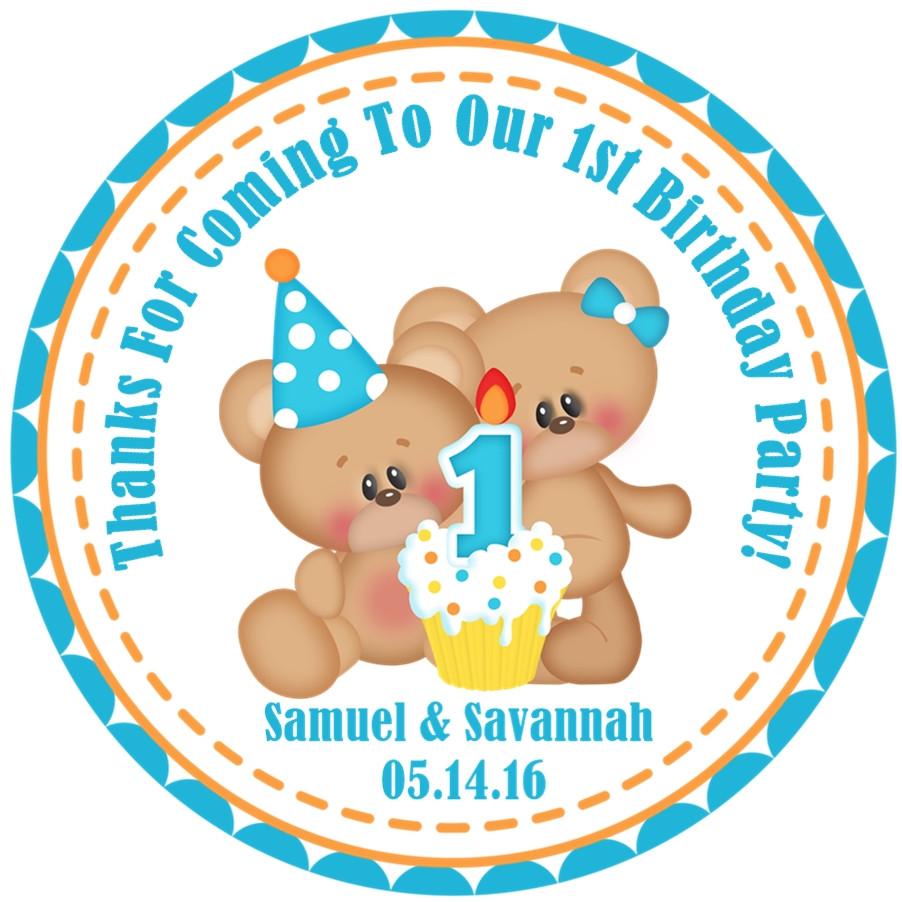 Teddy bear twins 1st birthday sticker