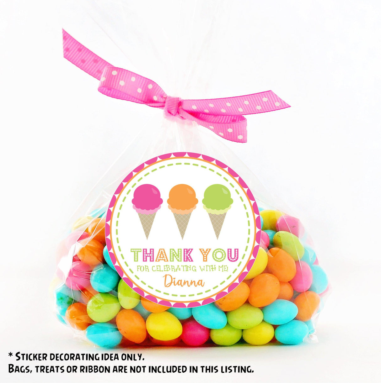 “Thank You for Celebrating with Me” ice cream party favor sticker.