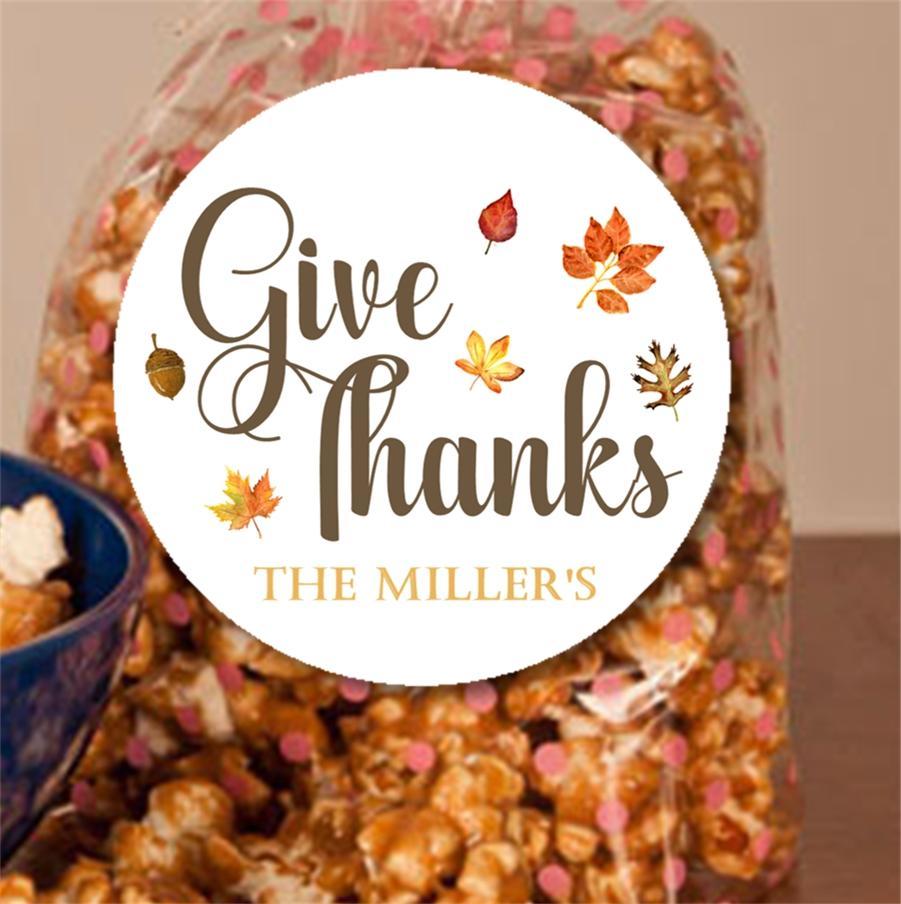 Thanksgiving favor label with warm fall leaf design