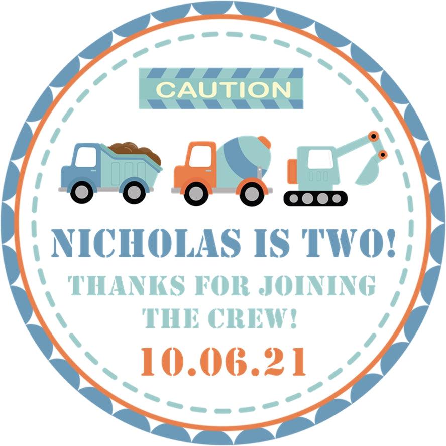 Toddler construction party favor sticker personalized