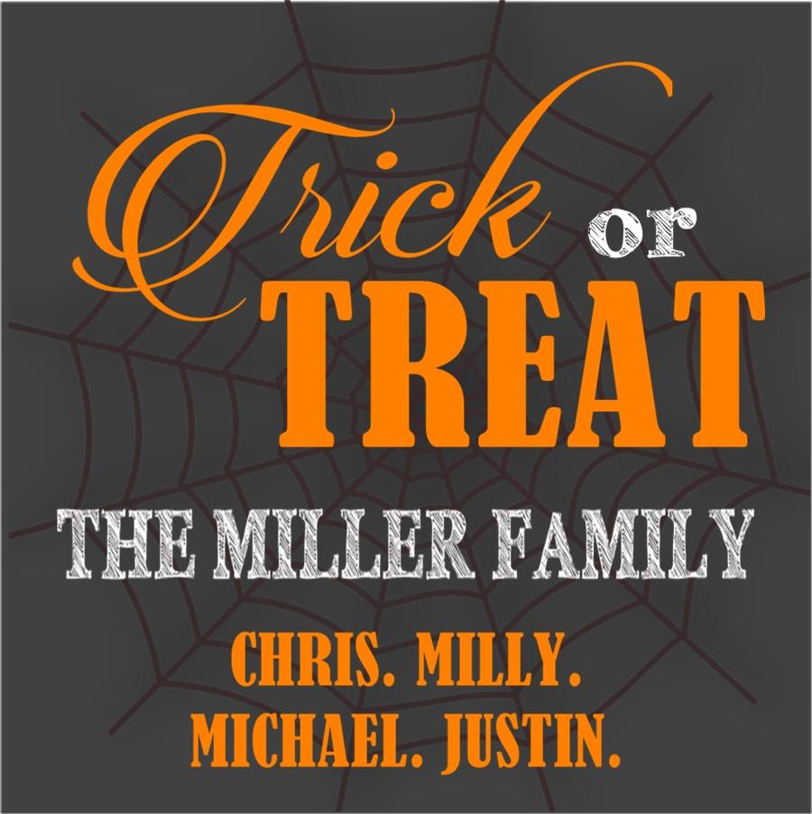 Trick or Treat Halloween sticker with bold orange lettering and spiderweb background